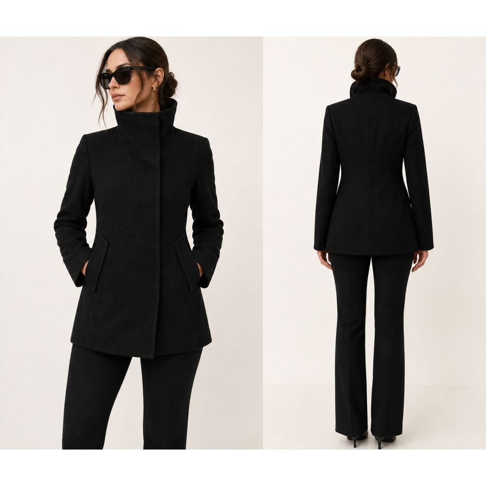 Club Monaco Women's Black Wool Coat Funnel Neck Size S Coat